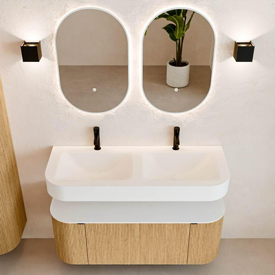 MONDIAZ THOR 120cm meuble de salle de bains arrondi gauche + droite couleur Oak avec 1 tiroir et 2 portes. Vasque suspendue CLOUD Double 2 trous de robinet couleur Talc.