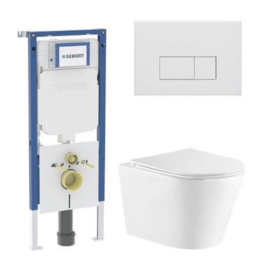 QeramiQ Dely Toiletset - 36.3x51.7cm - diepspoel - rimless - Geberit UP720 inbouwreservoir - softclose toiletzitting - mat witte bedieningsplaat - rechtehoekige knoppen - wit glans
