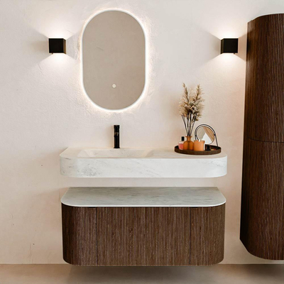 MONDIAZ THOR-DLUX Meuble de salle de bains 110cm arrondi gauche + droite couleur Walnut avec 1 tiroir et 2 portes. Vasque suspendue CLOUD Gauche 1 trou de robinet couleur Opalo.