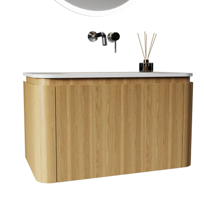 Saniclass Terra Ensemble meuble de salle de bains - 80cm - 2 tiroirs - vasque en solid surface - 1 lavabo - sans trous de robinet - coins arrondis - sandwood (Chene clair)