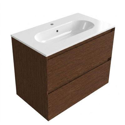 Saniclass Holz Pure Ensemble de meubles de salle de bains - 80x45x73.9cm - Vasque Chaci en céramique blanche - 1 vasque - 1 trou de robinetterie - 2 tiroirs - walnut pure mat (bois)