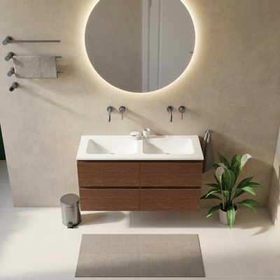 Saniclass Holz Pure Ensemble de meubles de salle de bains - 120x45x77.5cm - lavabo Torino en solid surface blanc - sans trou de robinet - 4 tiroirs - noyer pure mat (bois)