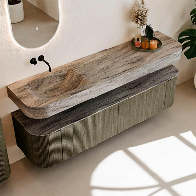 MONDIAZ THOR-DLUX Meuble de salle de bains 180cm arrondi gauche + droite couleur Shadow avec 2 tiroirs et 2 portes. Vasque suspendue CLOUD Gauche sans trou de robinet couleur Oza.