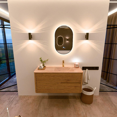 Mondiaz CIRO-DLUX Meuble de salle de bains - 110x45x50cm - Plan vasque solid surface Saba - 1 vasque à droite - 1 trou de robinet - 2 tiroirs - Chêne