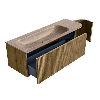MONDIAZ KURVE-DLUX Meuble de salle de bains 135cm courbure Droite couleur Dusk avec 1 tiroir et 1 porte. Lavabo BIG MEDIUM Gauche sans trou de robinet Saba.