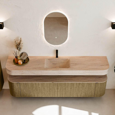 MONDIAZ THOR-DLUX 200cm meuble de salle de bains arrondi gauche + droite couleur Dusk avec 2 tiroirs et 2 portes. Vasque suspendue CLOUD Milieu 1 trou de robinet couleur Saba.