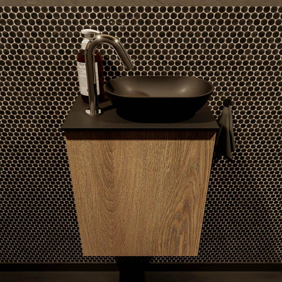 Mondiaz Fowy meuble de toilette - 40x50x23cm - chêne blanchi mat - 1 trou de robinet - lavabo à droite - 1 porte - solid surface - plan Mélamine - lavabo : noir