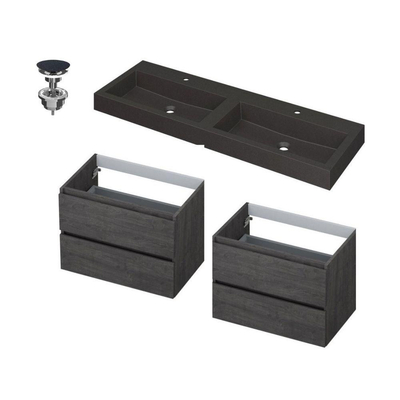 INK Momento wastafel - 140x45x9cm - 2 wasbakken - 2 kraangaten - Quartz zwart met 2x Wastafelonderkast - 70x45x52cm - 2 lades - greeploos - met houten keerlijst - MFC - oergrijs + 2x clickplug quartz zwart SHOWROOMMODEL