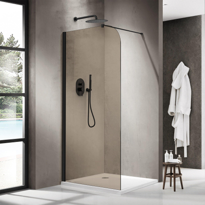 FugaFlow Eccelente Vetro Douche à l'italienne - 140x200cm - paroi de verre arrondie - verre fumé - bras mural - noir mat