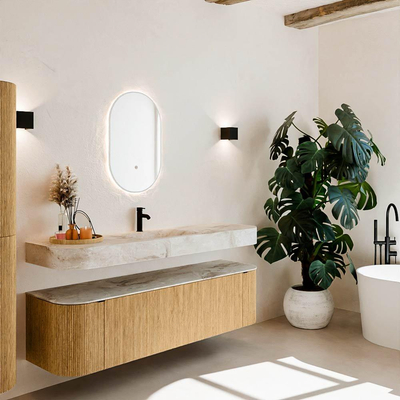 MONDIAZ THOR-DLUX 170cm meuble de salle de bains arrondi gauche + droite couleur Oak avec 1 tiroir et 2 portes. Vasque suspendue CLOUD Milieu 1 trou de robinet couleur Frappe.