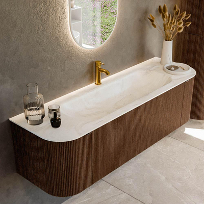 MONDIAZ KURVE-DLUX 150cm badmeubel met module 25 Len R kleur Walnut met 1 lade en 2 deuren. Wastafel BIG MEDIUM midden 1 kraangat kleur Ostra.