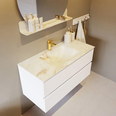 Mondiaz VICA-DLUX ensemble de meuble de salle de bain - 100cm - meuble sous-vasque talc - 2 tiroirs - lavabo encastré cloud milieu - 1 trou de robinet - version haute de 60cm - frape