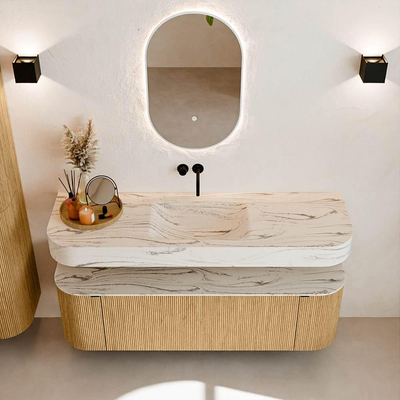 MONDIAZ THOR-DLUX 150cm meuble de salle de bains arrondi gauche + droite couleur Oak avec 1 tiroir et 2 portes. Vasque suspendue CLOUD Milieu sans trou de robinet couleur Nata.