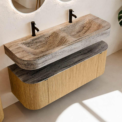 MONDIAZ THOR-DLUX 130cm badmeubel ronding links + rechts kleur Oak met 1 lade en 2 deuren. Vrijhangende wastafel CLOUD Dubbel 2 kraangaten kleur Oza.