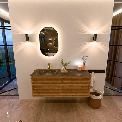 Mondiaz CIRO-DLUX Ensemble de meubles de salle de bains - 130x45x50cm - vasque solid surface Lava - 1 lavabo à gauche - 1 trou de robinet - 4 tiroirs - Chêne