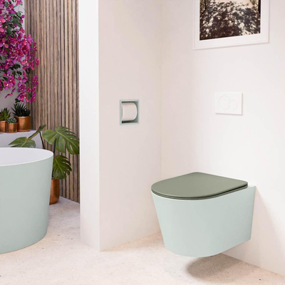 Mondiaz LAVIE hangtoilet – spoelrandloos – 36 x 53 cm – met softclose zitting – Greey (lichtgroen/grijs), zitting Army (groen)