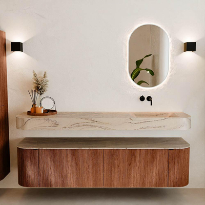 MONDIAZ THOR-DLUX Meuble de salle de bains 180cm arrondi gauche + droite couleur Ruby avec 2 tiroirs et 2 portes. Vasque suspendue CLOUD Droite sans trou de robinet couleur Arena.