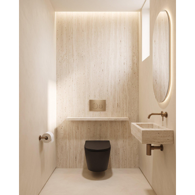 QeramiQ Dely Pack WC - 36,3x51,7cm - à fond creux - sans bride - réservoir encastré Geberit UP320 - abattant WC softclose 35 mm - plaque de déclenchement en laiton brossé - boutons ronds - noir mat