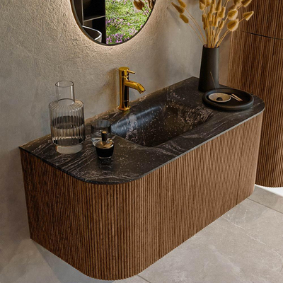 MONDIAZ KURVE-DLUX 100cm Meuble salle de bain avec module 25 G et D - couleur Walnut - 1 tiroir - 2 portes - vasque GRUNNE centre - 1 trou de robinet - couleur Lava