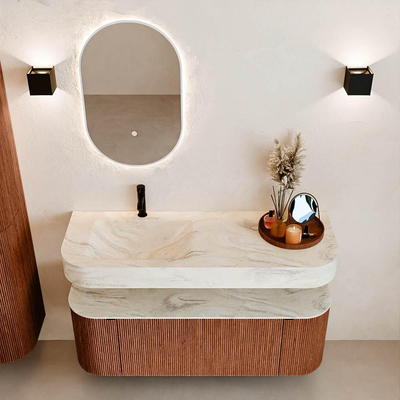 MONDIAZ THOR-DLUX 130cm meuble de salle de bains arrondi gauche + droite couleur Ruby avec 1 tiroir et 2 portes. Vasque suspendue CLOUD Gauche 1 trou de robinet couleur Ostra.