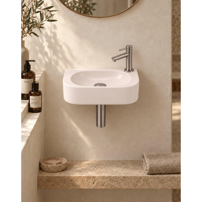 QeramiQ Fuente pack lave-mains – demi-rond – 40 x 22 x 12 cm – céramique lin – perçage à droite – robinet inox brossé