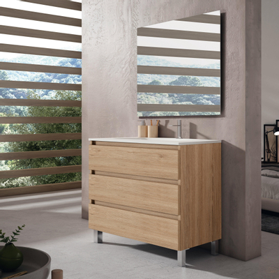 Saniclass Chaci PLUS Meuble bas de salle de bains - 100x86x46cm - 3 tiroirs - Poignée intégrée - MFC - chêne (bois)