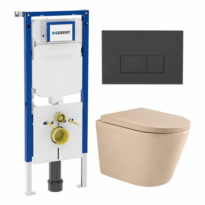 QeramiQ Dely Toiletset - 36.3x51.7cm - diepspoel - rimless - Geberit UP720 inbouwreservoir - softclose toilet zitting - 35mm - bedieningsplaat antraciet mat - rechthoekige knoppen - mat beige