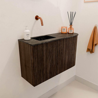 Mondiaz JOYA-DLUX 71.6cm toiletmeubel - ronding rechts kleur Walnut - Wastafel FAYE positie Links Zonder kraangat kleur Lava.