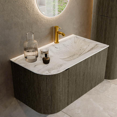 Mondiaz KURVE-DLUX Badkamermeubelset - 85x46x40cm - 1 lade - 1 deur - wastafel solid surface - rechts - 1 kraangat - Shadow