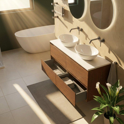 Saniclass Holz Pure Ensemble meuble de salle de bains - 140x45x62.5cm - plan supérieur Torino en solid surface blanc - sans trou de robinet - 4 tiroirs - noyer pure mat (bois)