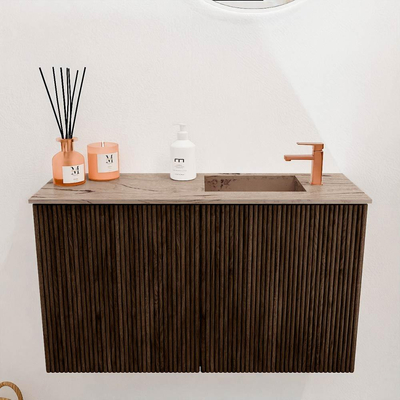 Mondiaz JOYA-DLUX 70cm toiletmeubel - kleur Walnut - Wastafel FAYE positie Rechts 1 kraangat kleur Arena.