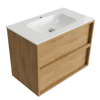 Saniclass Holz Frame Ensemble meuble de salle de bains - 80x45x61.5cm - Flow lavabo en solid surface blanc - 1 vasque - 1 trou de robinet - 2 tiroirs - chêne natural mat (bois)