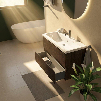 Saniclass Holz Atelier Ensemble meuble de salle de bains - 100x45x63.5cm - Bari lavabo en céramique blanc - 1 vasque - 1 trou de robinet - 2 tiroirs - chêne charcoal mat (bois)