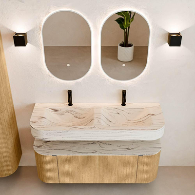 MONDIAZ THOR-DLUX 130cm badmeubel ronding links + rechts kleur Oak met 1 lade en 2 deuren. Vrijhangende wastafel CLOUD Dubbel 2 kraangaten kleur Nata.