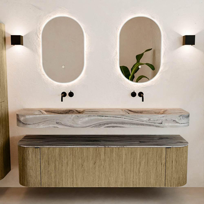 MONDIAZ THOR-DLUX 170cm meuble de salle de bains arrondi gauche + droite couleur Dusk avec 1 tiroir et 2 portes. Vasque suspendue CLOUD Double sans trou de robinet couleur Sombra.