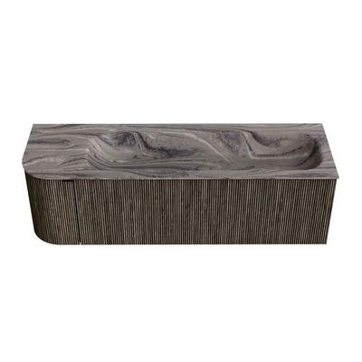 MONDIAZ KURVE-DLUX 145cm meuble de salle de bains arrondi Gauche couleur Shadow avec 1 tiroir et 1 porte. Lavabo BIG LARGE Droite 2 trous de robinet Sombra.