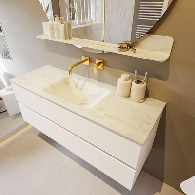 MONDIAZ VICA-DLUX Ensemble meuble de salle de bains - 130cm - meuble bas Talc - 2 tiroirs - vasque à encastrer Cloud centrale - sans trous de robinet - version haute 60cm - Opalo