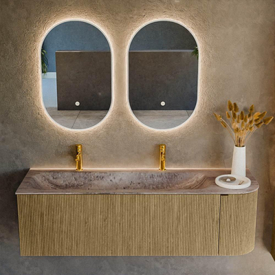 MONDIAZ KURVE-DLUX 145cm badmeubel ronding Rechts kleur Dusk met 1 lade en 1 deur. Wastafel BIG LARGE Links 2 kraangaten Oza.