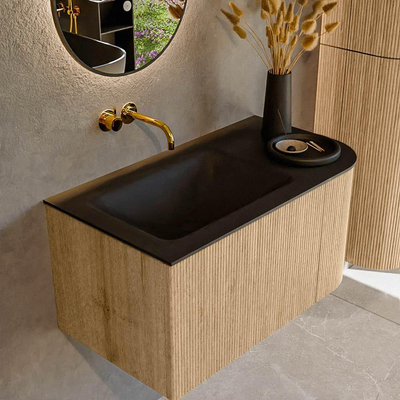 MONDIAZ KURVE 85cm Meuble salle de bain avec module 25 D - couleur Oak - 1 tiroir - 1 porte - vasque CLOUD gauche - sans trous de robinet - Urban