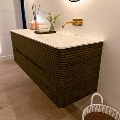 Mondiaz CIRO-DLUX Badkamermeubelset - 140x45x50cm - Solid surface wastafel Opalo - 1 wasbak Rechts - zonder kraangaten - 4 lades - Shadow