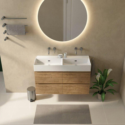 Saniclass Holz Pure Ensemble de meubles de salle de bains - 120x45x72cm - lavabo Legend en céramique blanc - 2 vasques - sans trous de robinetterie - 4 tiroirs - chêne natural mat (bois)