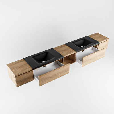 MONDIAZ BUKLA 280cm badmeubel met open module 40 midden kleur Washed Oak met 4 lades. Wastafel CLOUD dubbel 2 kraangaten kleur Urban.