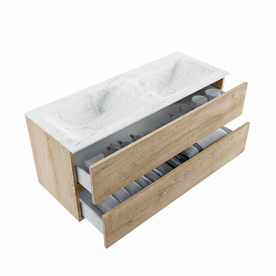 Mondiaz VICA-DLUX ensemble de meuble de salle de bain - 120cm - meuble sous-vasque chêne blanchi - 2 tiroirs - lavabo encastré cloud double - sans trous de robinet - version haute de 60cm - opalo