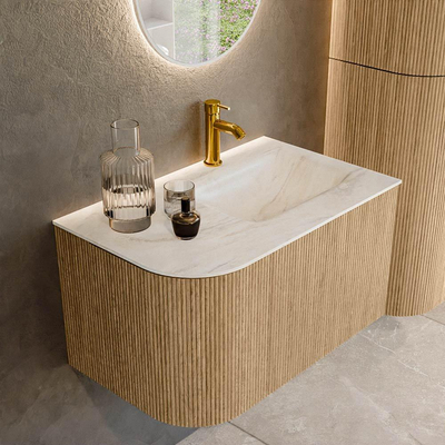 MONDIAZ KURVE-DLUX 75cm Meuble salle de bain avec module 25 G - couleur Oak - 1 tiroir - 1 porte - vasque GRUNNE droite - 1 trou de robinet - couleur Ostra