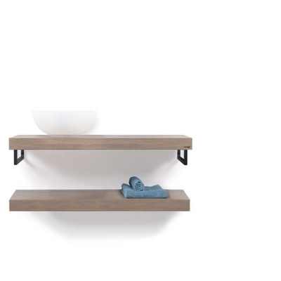 Looox Wood collection Duo étagères murales 100x46cm - 2 pièces - Avec porte-serviettes noir mat - chêne massif Old grey