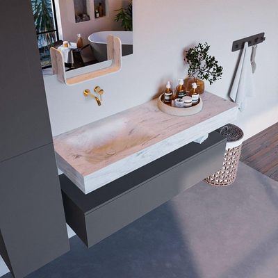 Mondiaz ALAN-DLUX Ensemble de meuble - 130cm - meuble Plata mat - 1 tiroir - Lavabo Cloud Opalo suspendu - vasque Gauche - 0 trous de robinet