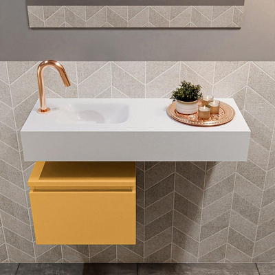 MONDIAZ ANDOR Meuble WC - 80x30x30cm - 1 trou de robinet - 1 tiroir - ocre mat - lavabo à gauche - Solid surface - Blanc