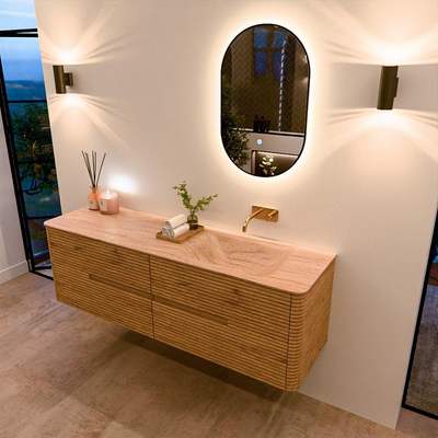 Mondiaz CIRO-DLUX Ensemble de meubles de salle de bains - 160x45x50cm - Plan vasque Solid surface Saba - 1 vasque à droite - sans trous de robinetterie - 4 tiroirs - Chêne