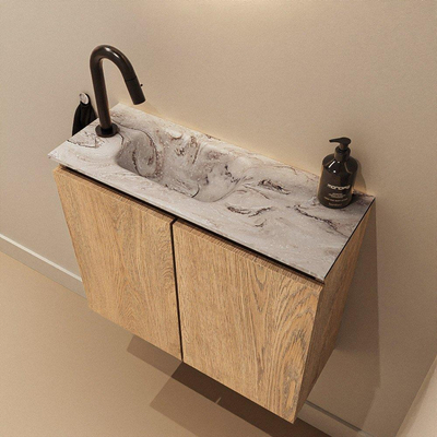 MONDIAZ TURE-DLUX Meuble de toilettes 60 cm Chêne lavé. Lavabo EDEN Glace position gauche. Avec 1 trou de robinet.