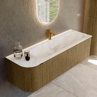 Mondiaz KURVE-DLUX Badkamermeubelset - 145x46x40cm - 1 lade - 1 deur - wastafel solid surface - rechts - 1 kraangat - Dusk